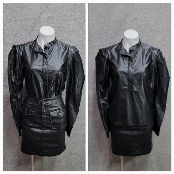 KARLIE FAUX LEATHER PUFF SLEEVES BLACK TOP, SIZE M - Picture 2 of 9